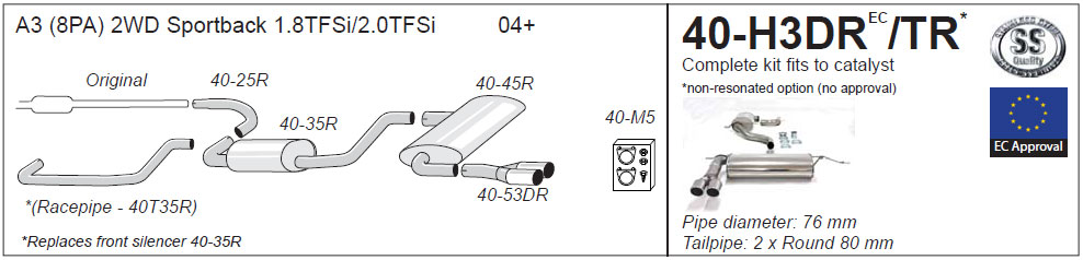 Jetex Exhaust Audi A3 (8PA) 2WD Turbo Sportback 2003+ Half System non-resonated