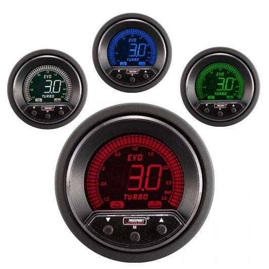 Prosport Evo 52mm LCD 3 Bar Boost Gauge 4 colour with peak and warning