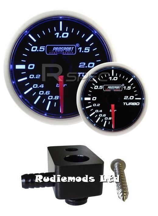 Ford Fiesta ST180 52mm Blue / White Boost gauge BAR and fitting adaptor