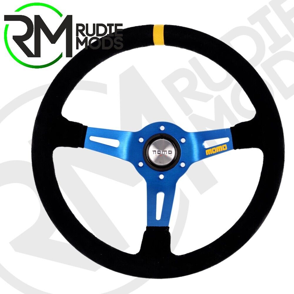 CAR Steering Wheel Horn deep dish MOMO Mod.08 - Blue Spoke/Black Suede 350mm