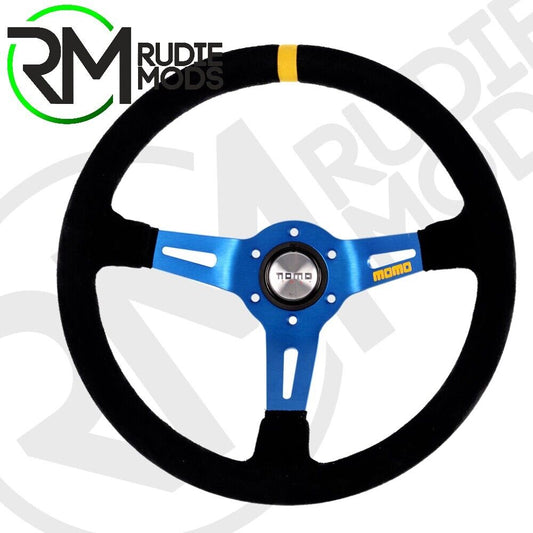 CAR Steering Wheel Horn deep dish MOMO Mod.08 - Blue Spoke/Black Suede 350mm