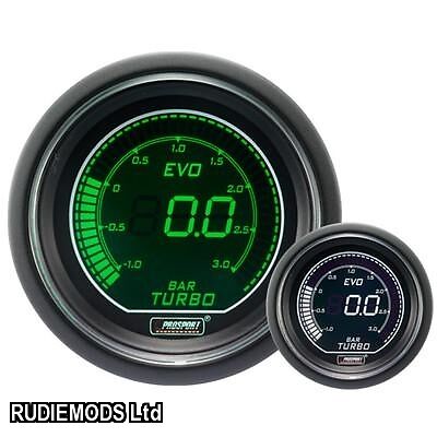 Prosport 52mm EVO Car BOOST 3 bar Gauge Green and White LCD Digital Display