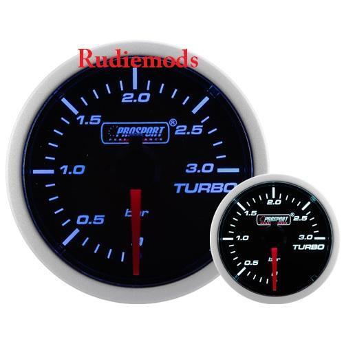 Prosport Diesel 52mm Smoked Super Blue/White Turbo Boost Gauge 0-3 Bar