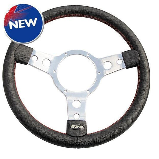 Mountney Classic 13" 3 spoke black vinyl with red stitching steering wheel