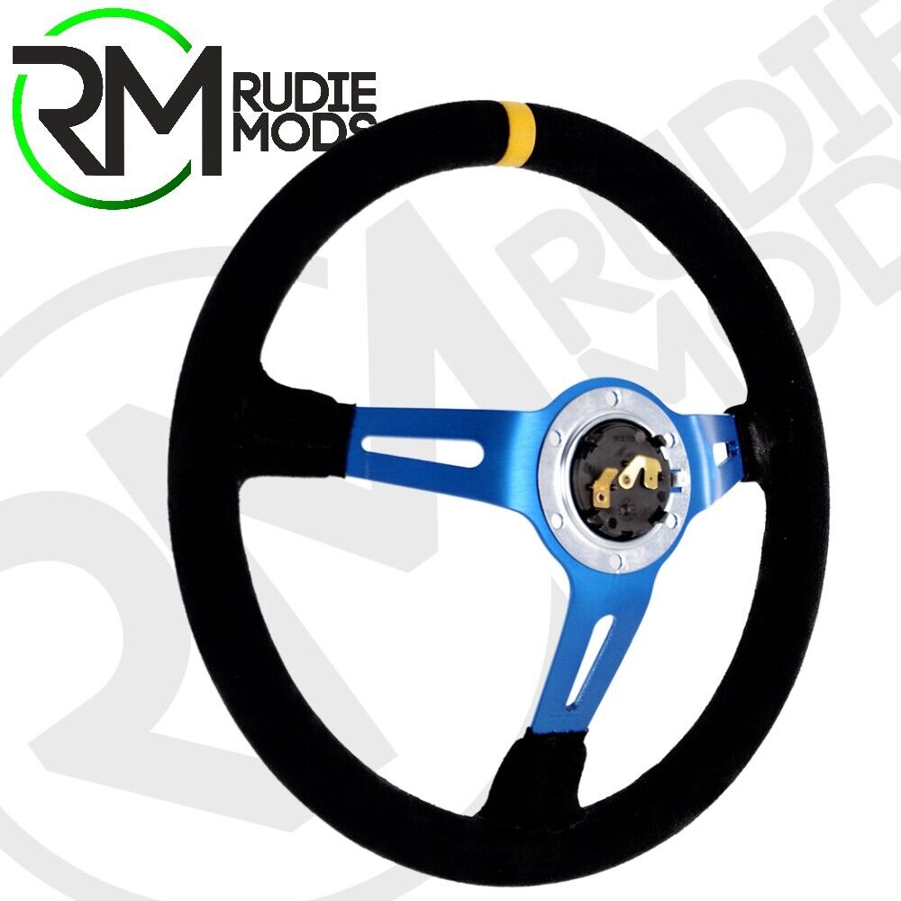 CAR Steering Wheel Horn deep dish MOMO Mod.08 - Blue Spoke/Black Suede 350mm