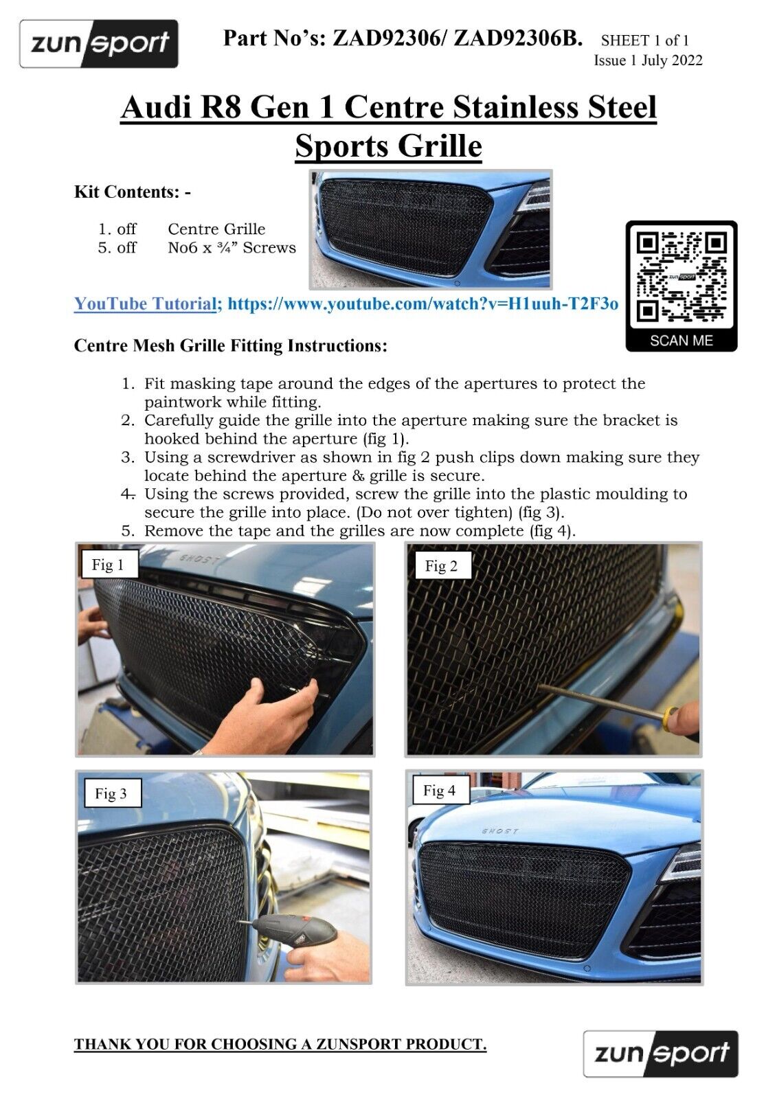 ZUNSPORT BLACK CENTRE GRILLE FOR AUDI R8 GEN 1 Facelift