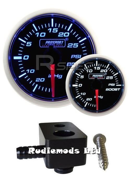 Ford Fiesta ST180 52mm Blue / White Boost gauge PSI and fitting adaptor