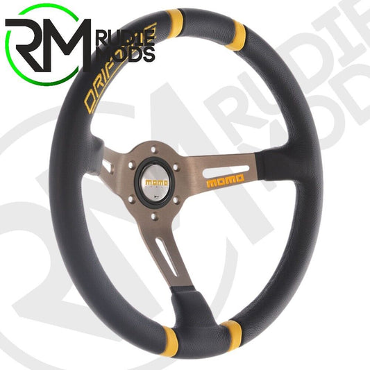 Car Steering wheel DRIFTING BLACK LEATHER YELLOW Ø350mm 90mm DISH VDRIFT35NEGIR