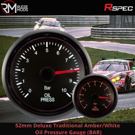 R SPEC 52mm Deluxe Traditional Amber/White Oil Pressure Car Gauge (BAR)