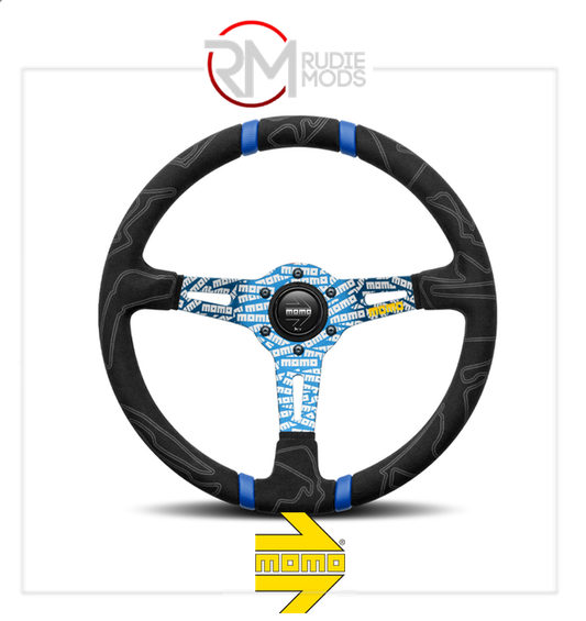 GENUINE MOMO ULTRA BLACK STEERING WHEEL - BLUE INSERT Ø350mm VULTRABLU350