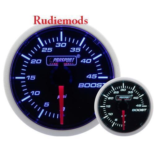 Prosport Diesel 52mm Smoked Super Blue/White Turbo Boost Gauge 0-45 PSi