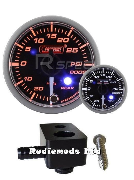 Ford Fiesta ST180 52mm Clear Amber White Boost gauge PSI and fitting adaptor