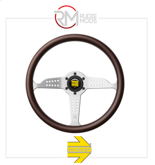 Official MOMO GRAND PRIX STEERING WHEEL MAHOGANY WOOD/SILVER SPOKE Ø350mm VGRPRI