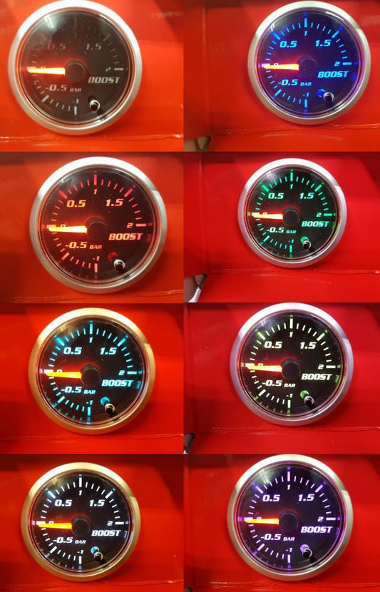 52mm Multi Colour Boost Gauge 2 BAR Clear Lens Black Face Car