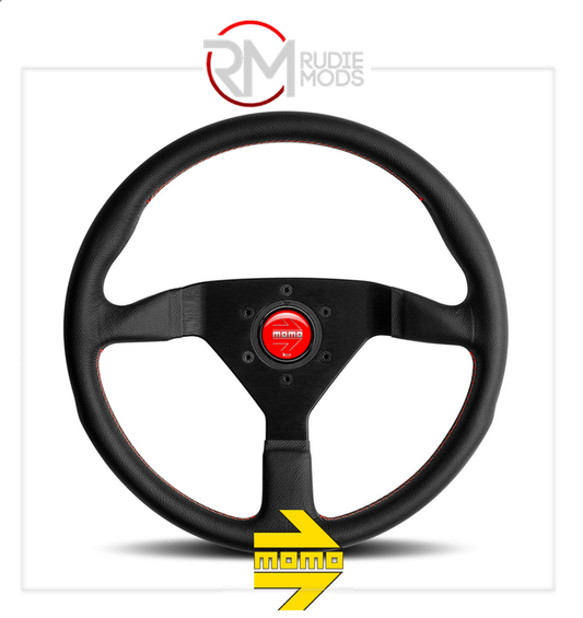 GENUINE MOMO MONTECARLO STEERING WHEEL BLACK LEATHER RED STITCH Ø350mm M11111785