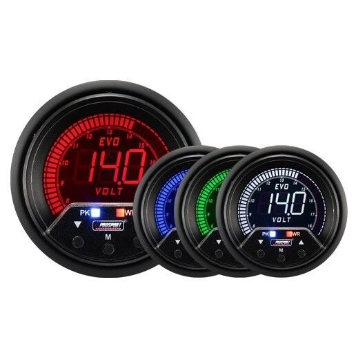Prosport Evo 60mm LCD DC Voltage Gauge 4 colour with peak and warning