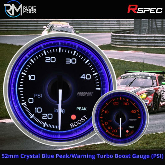 R-SPEC 52mm Crystal Blue Peak/Warning Turbo Boost Gauge (PSI) Car Gauge