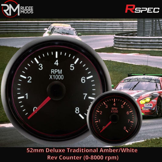 R SPEC DIESEL 52mm Deluxe Traditional White Rev Counter (0-8000 rpm) Gauge New