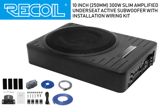RECOIL 10-inch (250mm) 300W slim amplified under-seat subwoofer with wiring kit