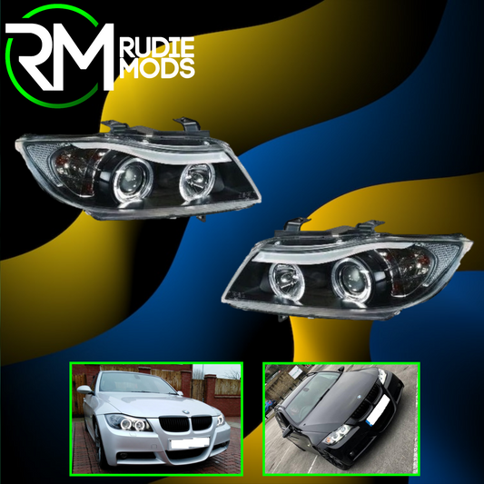 BMW 3 Series E90 & E91 2005-2008 4 Door Black Angel Eye Headlights