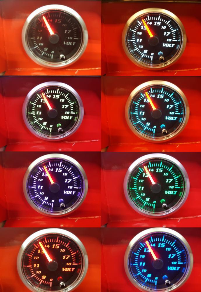 52mm Multi Colour Voltage 8v - 18v Gauge Clear Lens Black Face Car