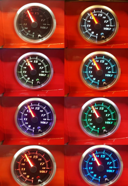 52mm Multi Colour Voltage 8v - 18v Gauge Clear Lens Black Face Car
