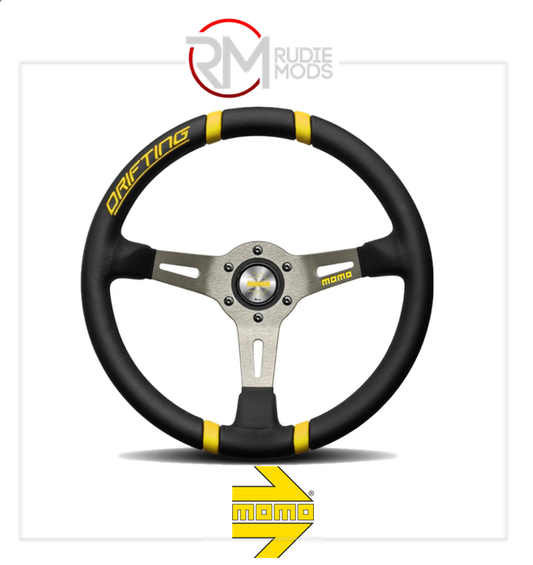 Official MOMO DRIFTING - BLACK LEATHER YELLOW INSERTS Ø350mm VDRIFT35NEGIL