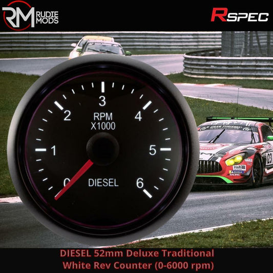 R SPEC DIESEL 52mm Deluxe Traditional White Rev Counter (0-6000 rpm) Car Gauge