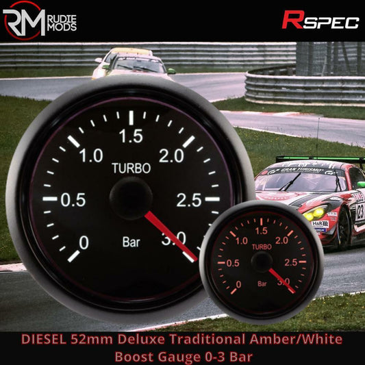 R SPEC Diesel 52mm Deluxe Traditional Amber/White Boost Gauge 3 Bar Car Gauge