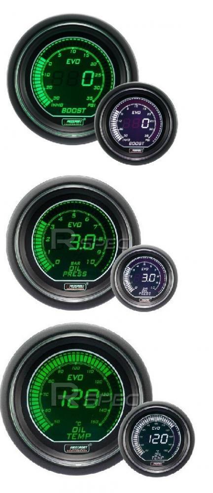 Prosport 52mm EVO Car Boost PSI + Oil Pressure + Oil Temp White Green Gauges