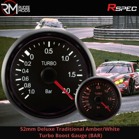 R SPEC 52mm Deluxe Traditional Amber/White Turbo Boost Gauge (BAR) Car Gauge