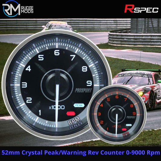 R-SPEC 52mm Crystal Peak/Warning Rev Counter 0-9000 Rpm Car Gauge