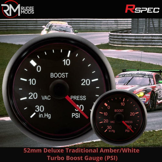 R SPEC 52mm Deluxe Traditional Amber/White Turbo Boost Gauge (PSI) Car Gauge