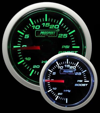Prosport 52mm Super Smoked Green White  switchable Turbo Boost Gauge PSI
