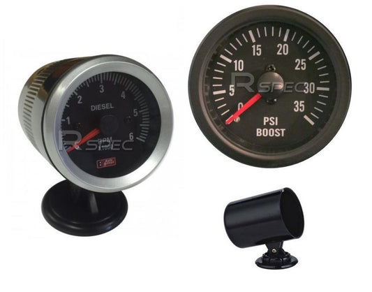 BLACK Diesel 52mm Tacho Rev gauge and 52mm Diesel Boost gauge PSI and holders