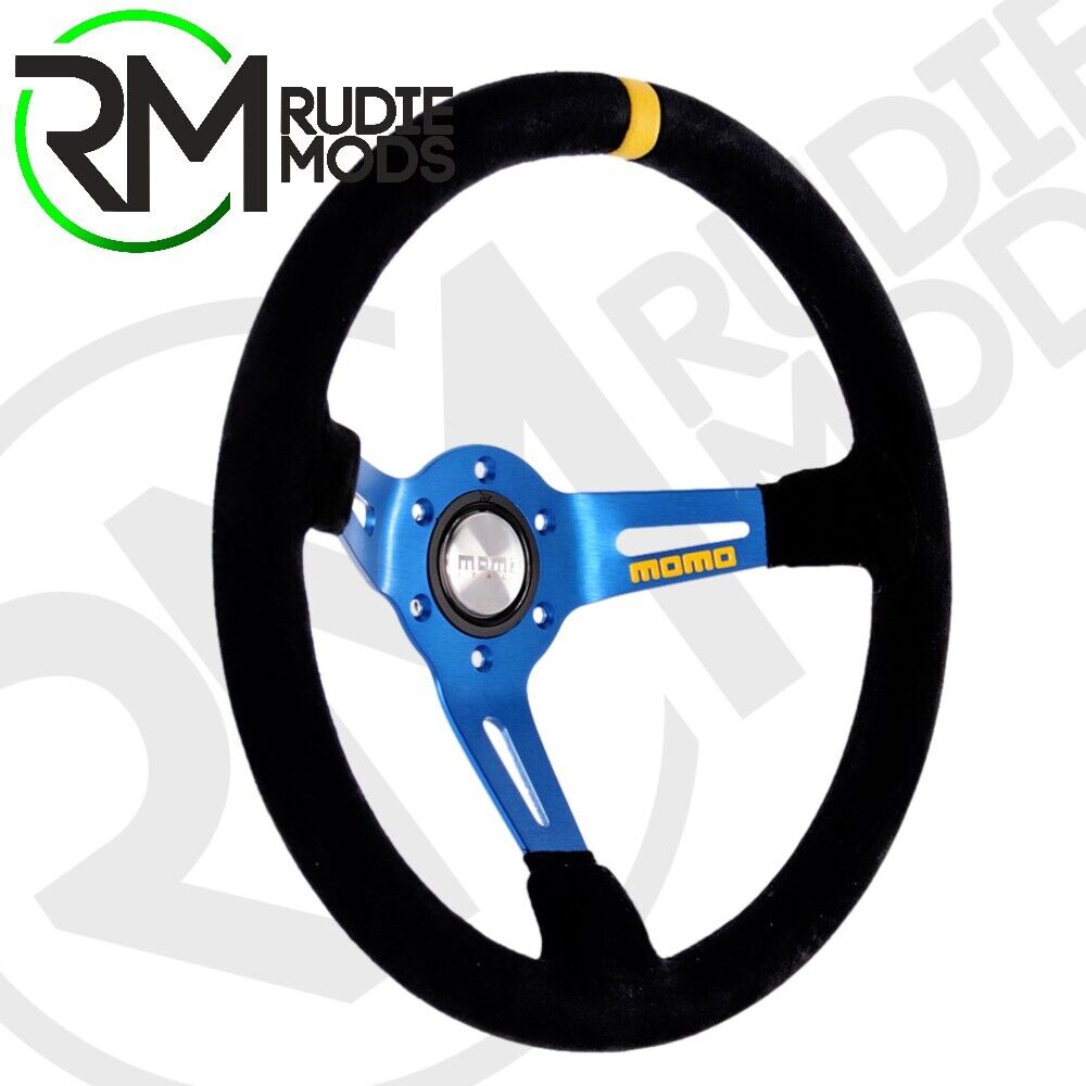 CAR Steering Wheel Horn deep dish MOMO Mod.08 - Blue Spoke/Black Suede 350mm