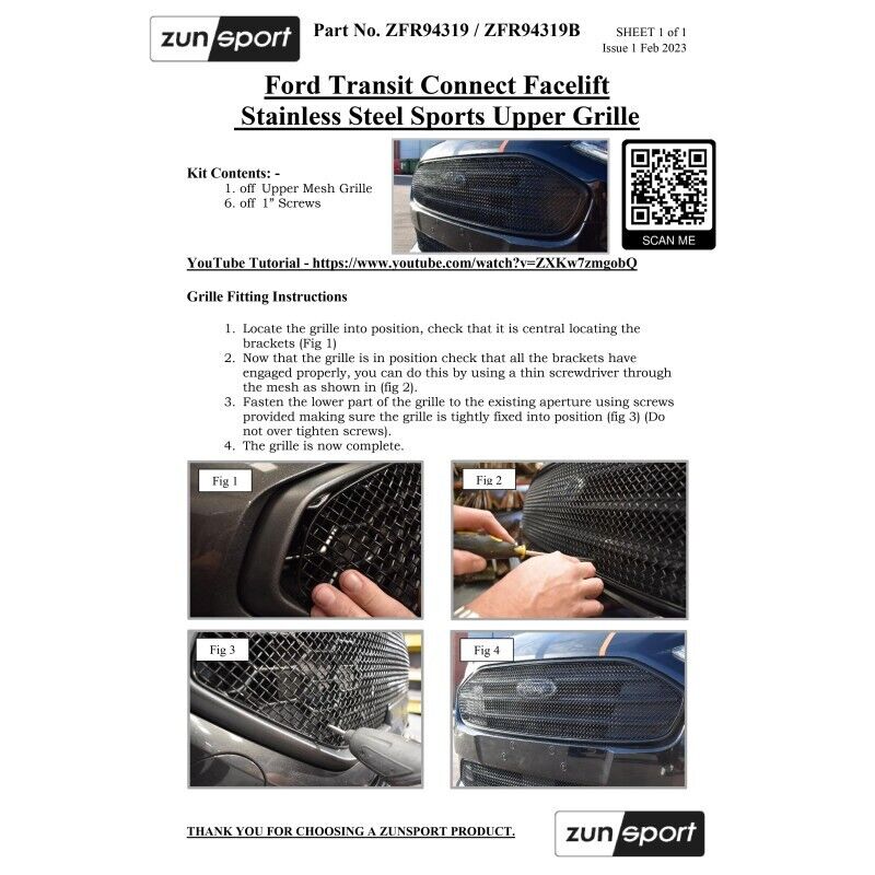 FORD TRANSIT CONNECT FACELIFT - Zunsport Black UPPER GRILLE ZFR94319B