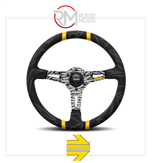 GENUINE MOMO ULTRA BLACK STEERING WHEEL - YELLOW INSERT Ø350mm VULTRABLK350