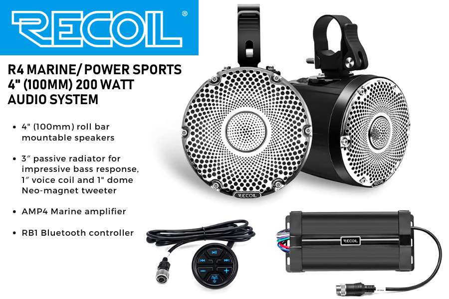 water-resistant speakers 4-inch amplified 200 Watt PAIR Recoil R4 Marine & Power-Sports