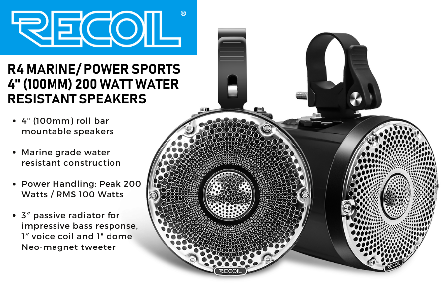 water-resistant speakers 4-inch amplified 200 Watt PAIR Recoil R4 Marine & Power-Sports