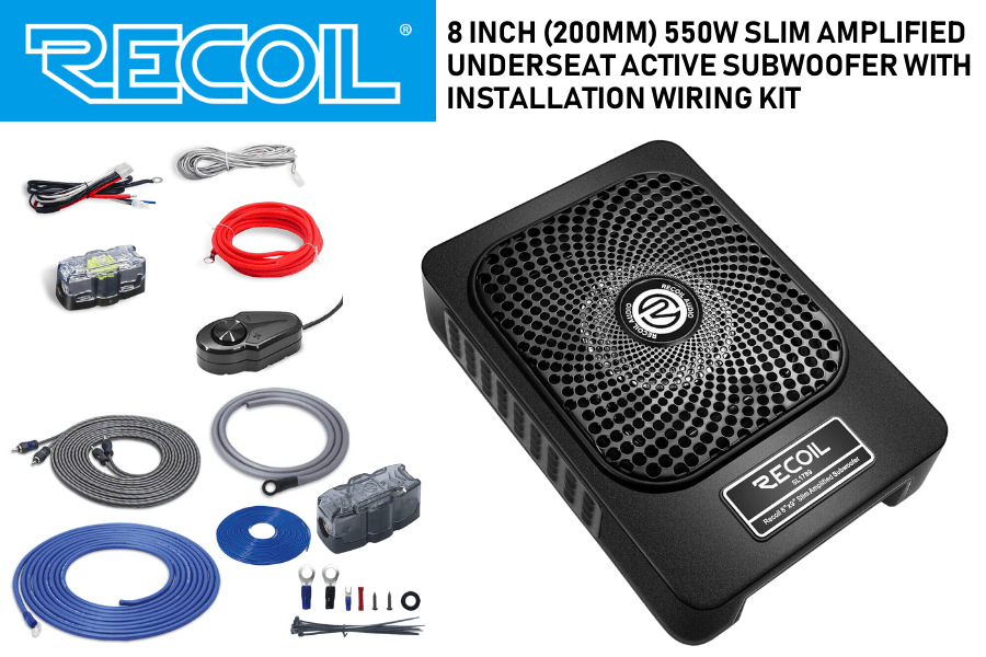 slim amplified underseat car subwoofer & wiring kit 8-inch (200mm) 550W RECOIL